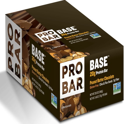Base, 20 g Protein Bar, Peanut Butter Chocolate, 12 Bars, 2.46 oz (70 g) Each by ProBar, 運動，蛋白質棒，素食 HK 香港