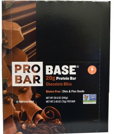 Base, Protein Bar, Chocolate Bliss, 12 - 2.46 oz (70 g) Each by ProBar, 運動，蛋白質棒 HK 香港