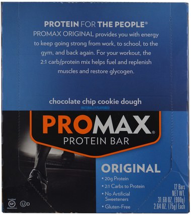 Protein Bar, Original, Chocolate Chip Cookie Dough, 12 Bars, 2.64 oz (75 g) Each by Promax Nutrition, 運動，蛋白質棒，代餐奶昔 HK 香港