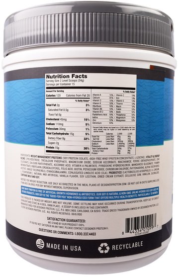 蛋白 - Designer Protein, Lite Mini Meal Low Calorie Meal Replacement Powder, Vanilla Creme, 1.12 lb (510 g)