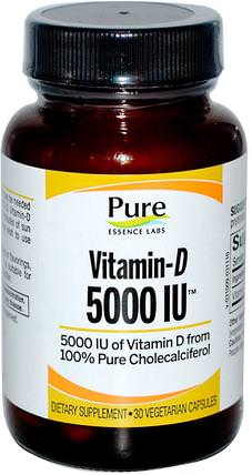Vitamin-D, 5000 IU, 30 Veggie Caps by Pure Essence, 維生素，維生素D3 HK 香港