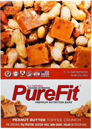 Premium Nutrition Bars, Peanut Butter Toffee Crunch, 15 Bars, 2 oz (57 g) Each by Pure Fit Bars, 運動，蛋白質棒 HK 香港