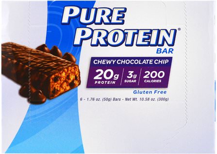 Chew Chocolate Chip Bar, 6 Bars, 1.76 oz (50 g) Each by Pure Protein, 運動，蛋白質棒 HK 香港