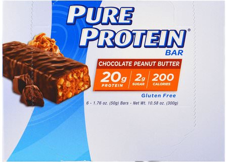 Chocolate Peanut Butter Bar, 6 Bars, 1.76 oz (50 g) Each by Pure Protein, 運動，蛋白質棒 HK 香港