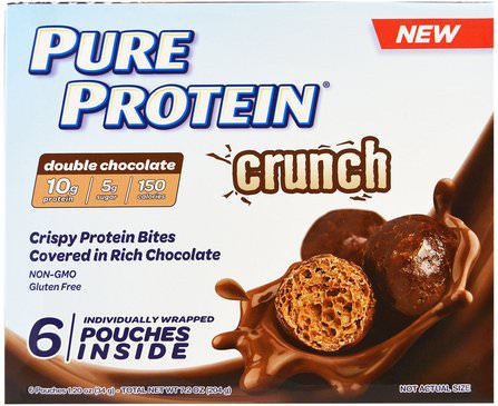 Crunch, Crispy Protein Bites, Double Chocolate, 6 Individually Wrapped Pouches, 1.20 oz (34 g ) Each by Pure Protein, 食物，零食，蛋白質 HK 香港