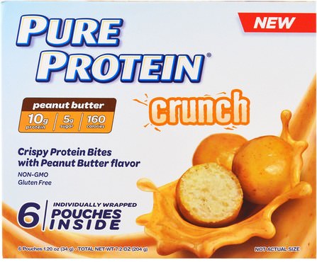 Crunch, Peanut Butter Bites, 6 Individually Wrapped Pouches, 1.20 oz (34 g) Each by Pure Protein, 食物，零食，蛋白質 HK 香港