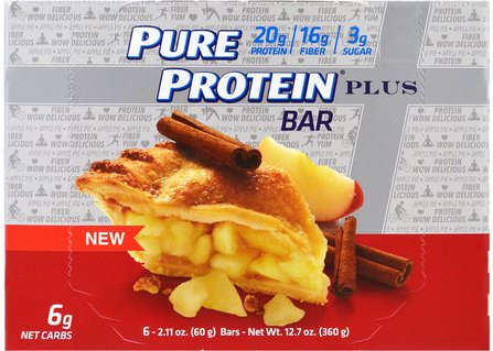 Plus Bar, Apple Pie, 6 Bars, 2.11 oz (60 g) Each by Pure Protein, 運動，蛋白質棒 HK 香港