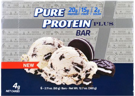 Plus Bar, Cookies & Cream, 6 Bars, 2.11 oz (60 g) Each by Pure Protein, 運動，蛋白質棒 HK 香港