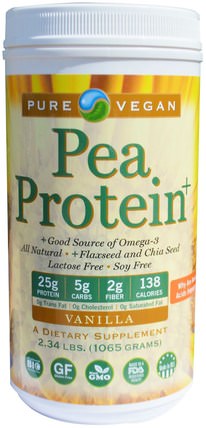 Pea Protein, Vanilla, 2.34 lbs (1065 g) by Pure Vegan, 補充劑，蛋白質，豌豆蛋白質 HK 香港