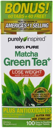 Pure Matcha Green Tea+, 100 Easy-to-Swallow Veggie Tablets by Purely Inspired, 健康，飲食 HK 香港