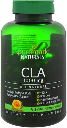 CLA, 1000 mg, 90 Vegetarian Softgels by PureMark Naturals, 減肥，飲食，cla（共軛亞油酸），運動 HK 香港
