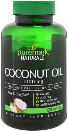 Coconut Oil, 1000 mg, 120 Softgels by PureMark Naturals, 食物，酮友好，椰子油 HK 香港