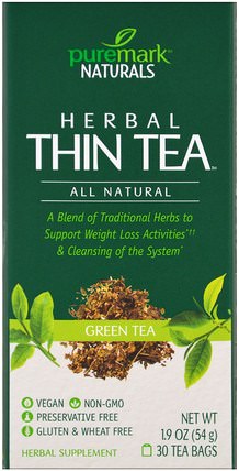 Herbal Thin Tea, Green Tea, 30 Tea Bags, 1.9 oz (54 g) by PureMark Naturals, 補充劑，抗氧化劑，綠茶 HK 香港