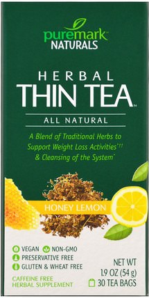 Herbal Thin Tea, Honey Lemon, 30 Tea Bags, 1.9 oz (54 g) by PureMark Naturals, 補充劑，抗氧化劑，涼茶 HK 香港