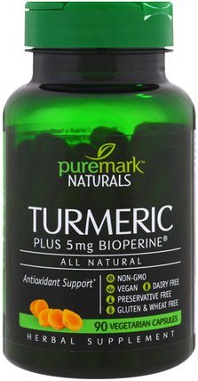 Turmeric, 90 Vegetarian Capsules by PureMark Naturals, 補充劑，抗氧化劑，薑黃素 HK 香港