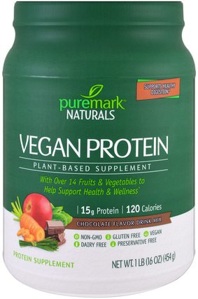 Vegan Protein, Plant-Based Supplement, Chocolate Flavor Drink Mix, 16 oz (454 g) by PureMark Naturals, 補充劑，蛋白質 HK 香港