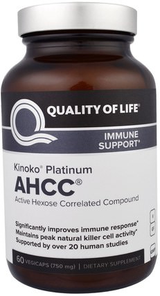 Kinoko Platinum AHCC, Immune Support, 750 mg, 60 Veggie Caps by Quality of Life Labs, 補品，藥用蘑菇，ahcc，健康，免疫支持 HK 香港