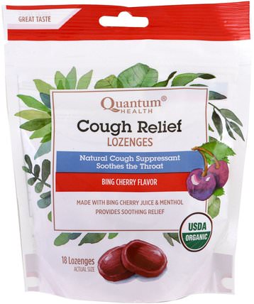 Cough Relief, Lozenges, Bing Cherry Flavor, 18 Lozenges by Quantum Health, 健康，肺和支氣管，咳嗽滴 HK 香港