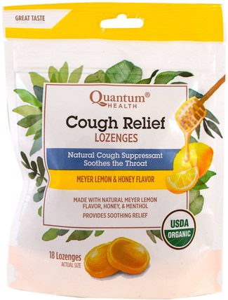 Cough Relief, Lozenges, Meyer Lemon & Honey Flavor, 18 Lozenges by Quantum Health, 健康，肺和支氣管，咳嗽滴 HK 香港