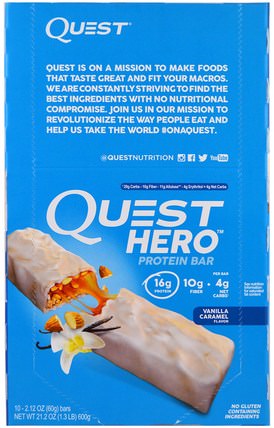Hero Protein Bar, Vanilla Caramel, 10 Bars, 2.12 oz (60g) Each by Quest Nutrition, 補品，營養棒，運動 HK 香港