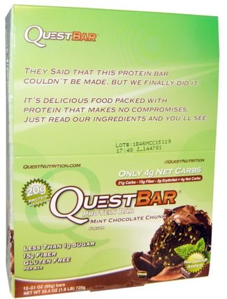 Quest Bar, Protein Bar, Mint Chocolate, 12 Bars, 2.1 oz (60 g) Each by Quest Nutrition, 運動，蛋白質棒 HK 香港