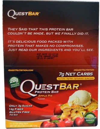 QuestBar, Protein Bar, Apple Pie, 12 Bars, 2.1 oz (60 g) Each by Quest Nutrition, 運動，蛋白質棒 HK 香港