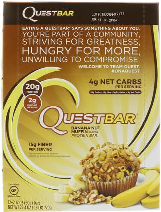 QuestBar, Protein Bar, Banana Nut Muffin, 12 Bars, 2.1 oz (60 g) Each by Quest Nutrition, 運動，蛋白質棒 HK 香港