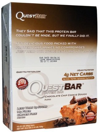 QuestBar, Protein Bar, Chocolate Chip Cookie Dough, 12 Bars, 2.1 oz (60 g) Each by Quest Nutrition, 運動，蛋白質棒 HK 香港