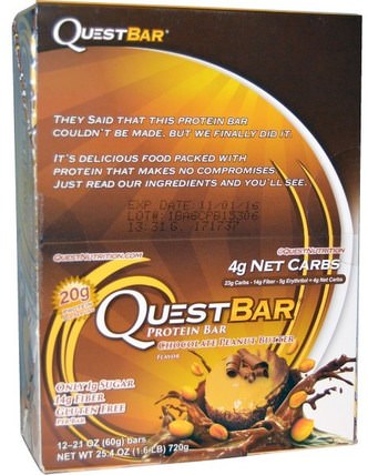 QuestBar, Protein Bar, Chocolate Peanut Butter, 12 Bars, 2.1 oz (60 g) Each by Quest Nutrition, 運動，蛋白質棒 HK 香港