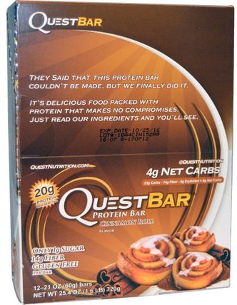 QuestBar, Protein Bar, Cinnamon Roll, 12 Bars, 2.1 oz (60 g) Each by Quest Nutrition, 運動，蛋白質棒 HK 香港