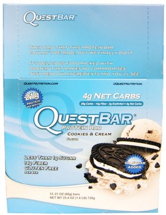 QuestBar, Protein Bar, Cookies & Cream, 12 Bars, 2.1 (60 g) Each by Quest Nutrition, 運動，蛋白質棒 HK 香港