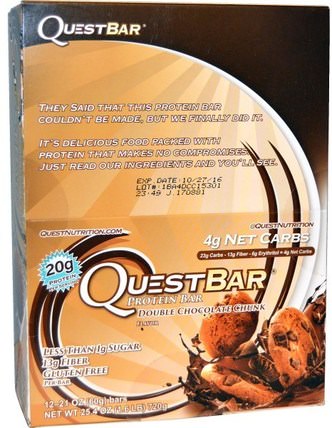 QuestBar, Protein Bar, Double Chocolate Chunk, 12 Bars, 2.1 oz (60 g) Each by Quest Nutrition, 運動，蛋白質棒 HK 香港
