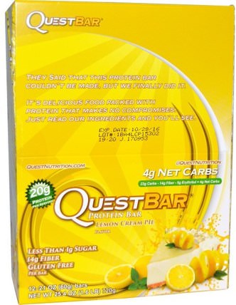 QuestBar, Protein Bar, Lemon Cream Pie, 12 Bars, 2.1 oz (60 g) Each by Quest Nutrition, 運動，蛋白質棒 HK 香港