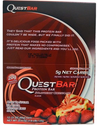 QuestBar, Protein Bar, Strawberry Cheesecake, 12 Bars, 2.1 oz (60 g) Each by Quest Nutrition, 運動，蛋白質棒 HK 香港