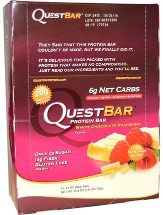 QuestBar, Protein Bar, White Chocolate Raspberry, 12 Bars, 2.1 oz (60 g) Each by Quest Nutrition, 運動，蛋白質棒 HK 香港