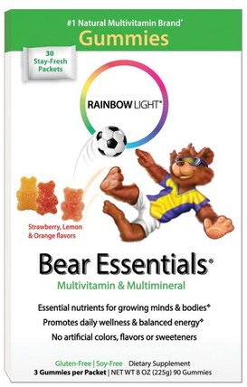 Bear Essentials, Multivitamin & Multimineral, Gummies, Strawberry, Orange, & Lemon Flavors, 3 Gummies Per Packet, 90 Gummies by Rainbow Light, 維生素，多種維生素，兒童多種維生素，熱敏性產品 HK 香港