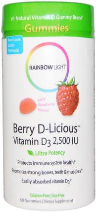 Berry D-Licious, Vitamin D3, Raspberry Flavor, 2.500 IU, 50 Gummies by Rainbow Light, 熱敏感產品，維生素，維生素D gummies HK 香港