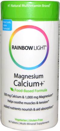 Magnesium Calcium+, Food-Based Formula, 90 Tablets by Rainbow Light, 補充劑，礦物質，鈣和鎂，健康，骨骼，骨質疏鬆症 HK 香港