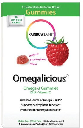 Omegalicious, Omega-3 Gummies, Sour Raspberry, 30 Packets, (4 Gummies) Each by Rainbow Light, 補充劑，efa omega 3 6 9（epa dha），dha，epa，熱敏產品 HK 香港