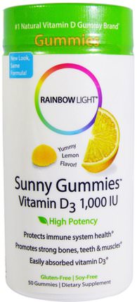 Sunny Gummies, Vitamin D3, Lemon Flavor, 1.000 IU, 50 Gummies by Rainbow Light, 熱敏感產品，維生素，維生素D gummies HK 香港