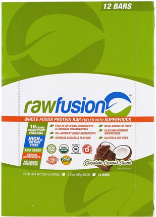 Whole Foods Protein Bar, Chocolate Coconut Chunk, 12 Bars, 2.5 oz (70 g) Each by Raw Fusion, 食物，小吃，運動 HK 香港