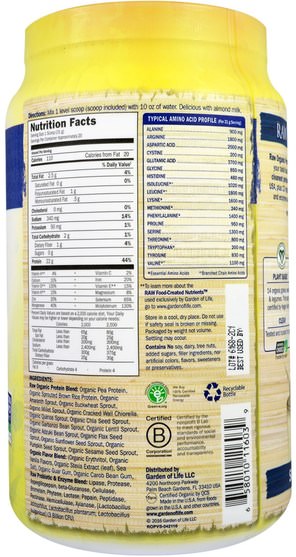 健康 - Garden of Life, RAW Organic Protein, Organic Plant Formula, Vanilla, 22 oz (624 g)