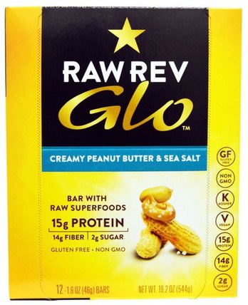 Glo, Creamy Peanut Butter & Sea Salt, 12 Bars, 1.6 oz (46 g) Each by Raw Revolution, 補充劑，營養棒 HK 香港