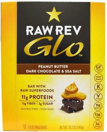 Glo, Peanut Butter Dark Chocolate & Sea Salt, 12 Bars, 1.6 oz (46 g) Each by Raw Revolution, 補充劑，營養棒 HK 香港