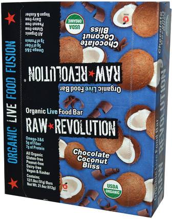 Organic Live Food Bar, Chocolate Coconut Bliss, 12 Bars, 1.8 oz (51 g) Each by Raw Revolution, 食物，零食，健康零食，補品，營養棒 HK 香港