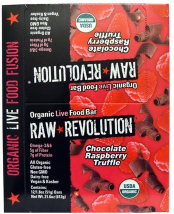 Organic Live Food Bar, Chocolate Raspberry Truffle, 12 Bars, 1.8 oz (51 g) Each by Raw Revolution, 食物，零食，健康零食，補品，營養棒 HK 香港