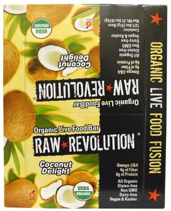 Organic Live Food Bar, Coconut Delight, 12 Bars, 1.8 oz (51 g) Each by Raw Revolution, 食物，零食，健康零食，補品，營養棒 HK 香港