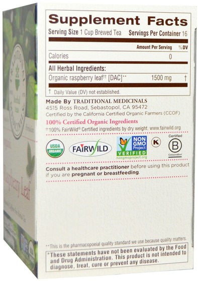 健康 - Traditional Medicinals, Relaxation Teas, Organic Raspberry Leaf, Naturally Caffeine Free, 16 Wrapped Tea Bags.85 oz (24 g)