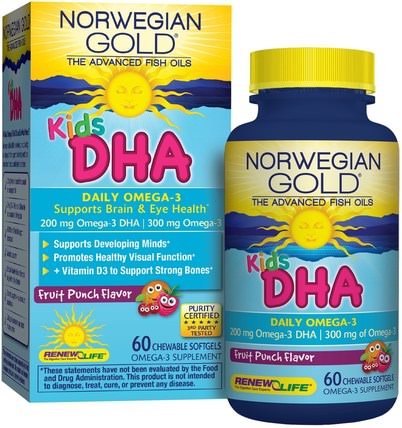 Norwegian Gold, Kids DHA, Fruit Punch Flavor, 60 Chewable Softgels by Renew Life, 補充劑，efa omega 3 6 9（epa dha），補充兒童 HK 香港