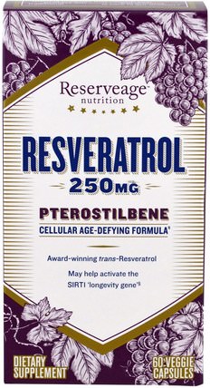 Resveratrol, Pterostilbene, 250 mg, 60 Veggie Capsules by ReserveAge Nutrition, 補品，紫檀芪，抗衰老 HK 香港
